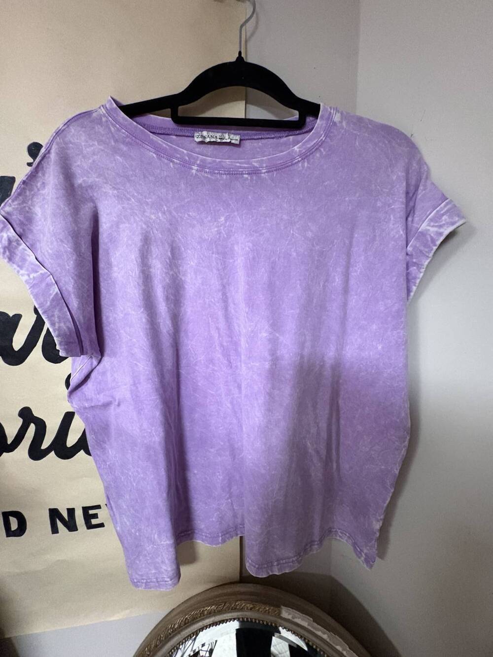 NEW ZENANA women's stretchy cuff short sleeve top in purple acid wash
